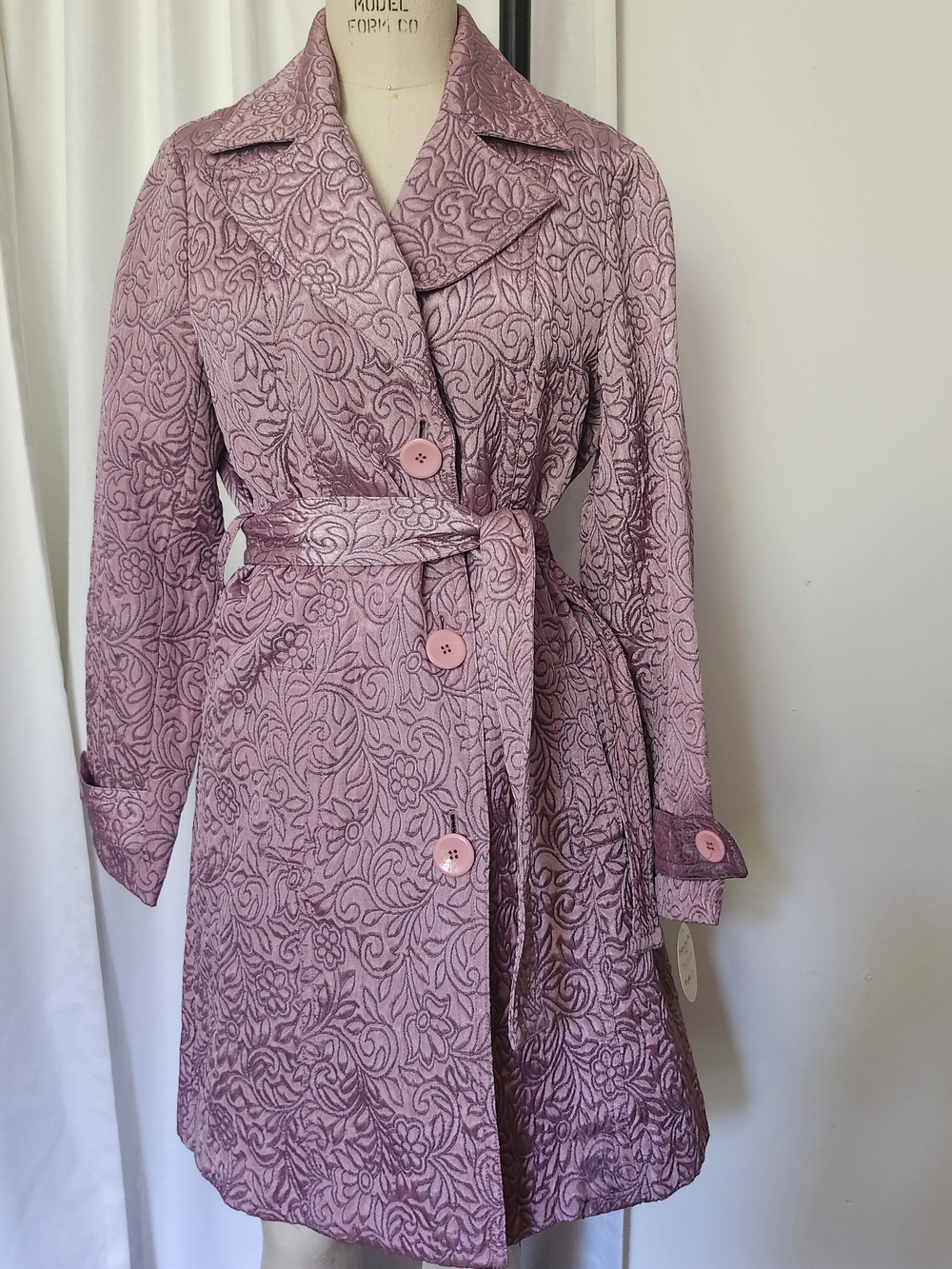 Nine & Co. Women's Pink Floral Jacquard Trench Coat With Pockets And Belt